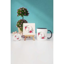 Hedizu Çiçekli I Harfli Siyah Kupa Bardak Dekoratif Taş Anahtarlık