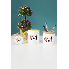 Hedizu Çiçekli M Harfli Sarı Kupa Bardak Kalemlik Anahtarlık