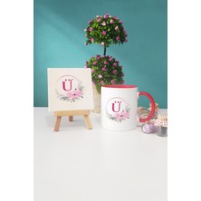 Hedizu Çiçekli Ü Harfli Kırmızı Kupa Bardak Dekoratif Taş