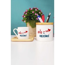 Hedizu En Tatlı Diş Hekimi Türk Kahvesi Fincanı Ahşap Altlıklı ve Kalemlik