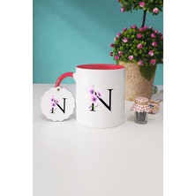 Hedizu Çiçekli N Harfli Kırmızı Kupa Bardak Anahtarlık