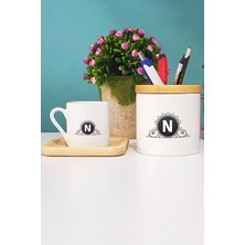 Hedizu N Harfli Türk Kahvesi Fincanı Ahşap Altlıklı ve Kalemlik