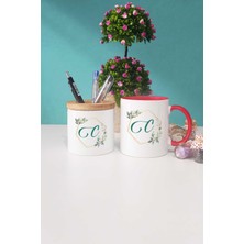 Hedizu Çiçekli C Harfli Kırmızı Kupa Bardak Kalemlik