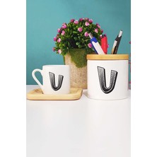 Hedizu Harf Tasarımlı U Harfli Türk Kahvesi Fincanı Ahşap Altlıklı ve Kalemlik