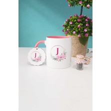 Hedizu Çiçekli J Harfli Pembe Kupa Bardak Anahtarlık