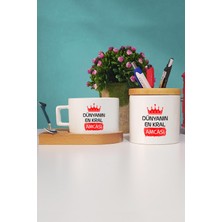 Hedizu Amcaya Hediye Dünyanın En Kral Amcası Ahşap Altlıklı Fincan ve Kalemlik