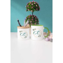 Hedizu Çiçekli C Harfli Yeşil Kupa Bardak Kalemlik