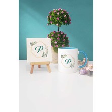 Hedizu Çiçekli P Harfli Mavi Kupa Bardak Dekoratif Taş