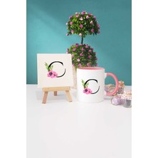 Hedizu Çiçekli C Harfli Pembe Kupa Bardak Dekoratif Taş