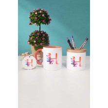 Hedizu Özel Tasarım H Harfli Turuncu Kupa Bardak Kalemlik Anahtarlık