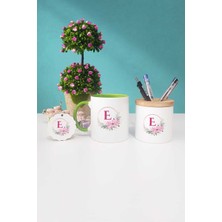 Hedizu Çiçekli E Harfli Yeşil Kupa Bardak Kalemlik Anahtarlık