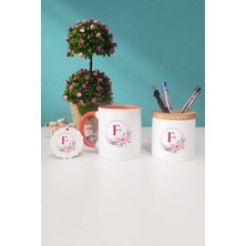 Hedizu Çiçekli F Harfli Turuncu Kupa Bardak Kalemlik Anahtarlık