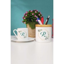 Hedizu Çiçekli R Harfli Türk Kahvesi Fincanı Beyaz ve Kalemlik