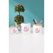 Hedizu Çiçekli H Harfli Mavi Kupa Bardak Kalemlik Anahtarlık