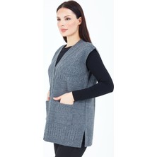 Elçelya Moda Kadın Gri V Yaka Düğmeli Cepli Örgü Yün Anne Triko Yelek