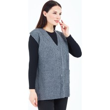 Elçelya Moda Kadın Gri V Yaka Düğmeli Cepli Örgü Yün Anne Triko Yelek