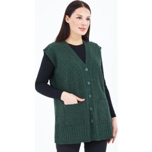 Elçelya Moda Kadın Haki Yeşil V Yaka Düğmeli Cepli Örgü Yün Anne Triko Yelek