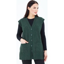 Elçelya Moda Kadın Haki Yeşil V Yaka Düğmeli Cepli Örgü Yün Anne Triko Yelek