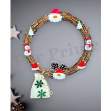 Epazzar Yılbaşı Noel Baba & Kardan Adam Temalı Kozalaklı LED Işıklı Söğüt Dalı Kapı Çelengi / Süsü 30 cm