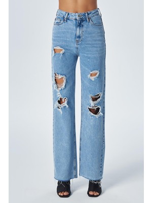 Cross Jeans Weslie Açık Mavi Yüksek Bel Fermuarlı Paçası Kesikli Wideleg Fit Jean Pantolon C 4530-060