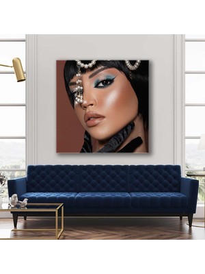 SML Tablo Mavi Tonlarında Makyajlı Inci Aksesuar Eldivenli Vintage Make Up Kuaför Kanvas Tablo