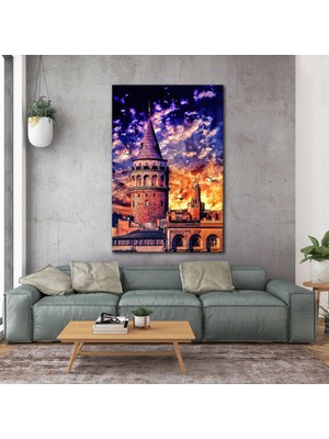 SML Tablo Gün Batımı Galata Kulesi Istanbul Havada Uçan Kuşlar Kanvas Tablo