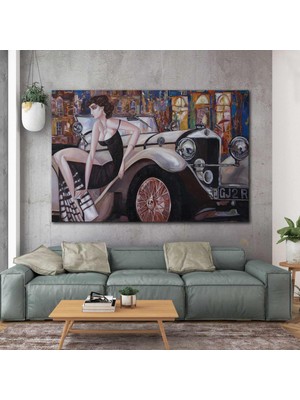 SML Tablo Mercedes Benz Ssk Klasik Araba Üzerinde Oturan Siyah Elbiseli Kadın Abstract Kanvas Tablo