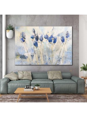 SML Tablo Altın Dallı Mavi Çiçekler Gold Abstract Kanvas Tablo