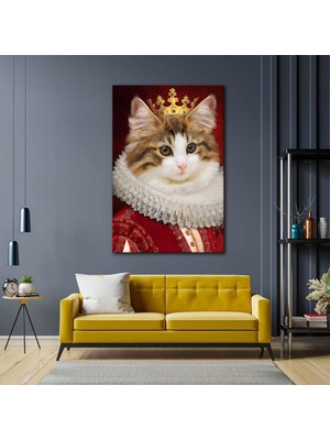 SML Tablo Kırmızı Elbiseli Altın Taçlı Kral Kedi Kanvas Tablo