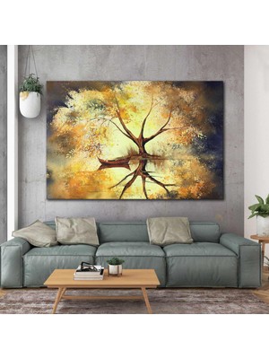 SML Tablo Ağaç Altındaki Sandal Sahil Göl Doğa Manzara Yağlı Boya Efektli Kanvas Tablo