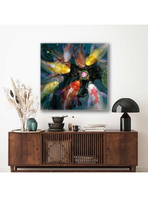 SML Tablo Nilüfer Çiçeği Etrafındaki Gold Renkli Koi Balık Sualtı Kanvas Tablo