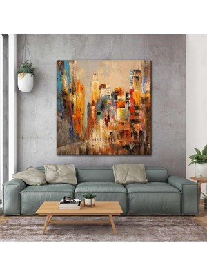 SML Tablo Soyut Şehir Manzarası Yolda Yürüyen Insanlar Yüksek Binalar Kanvas Tablo