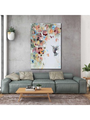 SML Tablo Havada Uçan Sinek Kuşu Yağlı Boya Efektli Abstract Renkli Çiçekler Kanvas Tablo