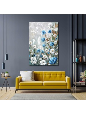 SML Tablo Mavi Beyaz Çiçekler Yağlı Boya Efektli Abstract Kanvas Tablo