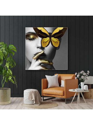 SML Tablo Gold Makyajlı Kadın ve Sarı Kelebek Dekoratif Kanvas Tablo