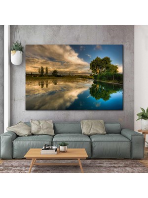 SML Tablo Suya Yansımış Doğa Manzarası Göl Bulut Ağaçlar Kanvas Tablo