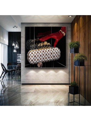 SML Tablo Gold ve Kırmızı Detaylı Abiye Çanta Kırmızı Deri Eldiven Altın Aksesuar Kanvas Tablo