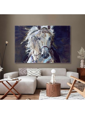 SML Tablo Yeleleri Uçuşarak Koşan Asil Beyaz At Deri Aksesuarlı Fırça Izleri Kanvas Tablo