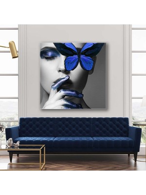 SML Tablo Mavi Makyajlı Kadın ve Sarı Kelebek Make Up Dekoratif Kanvas Tablo