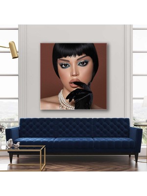 SML Tablo Mavi Tonlarında Makyajlı Inci Kolye Eldivenli Vintage Make Up Kuaför Kanvas Tablo