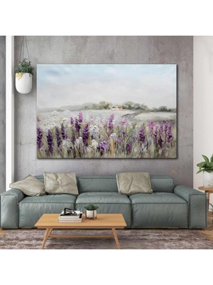 SML Tablo Uzaktaki Köy Doğa Manzara Mor Çiçekler Yağlı Boya Efektli Kanvas Tablo