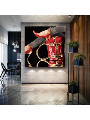 SML Tablo Kırmızı Gold Detaylı Çanta ve Ayakkabı Takımı Lüks Çantacı Kanvas Tablo