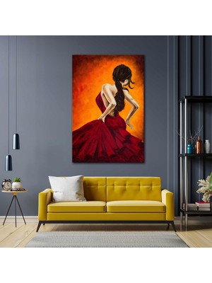 SML Tablo Sırtı Dönük Dans Eden Kırmızı Elbiseli Kadın Kanvas Tablo