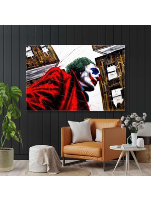 SML Tablo Şehirde Dolaşan Kırmızı Cekerli Joker Boya Sıçramaları Gotham City Kanvas Tablo