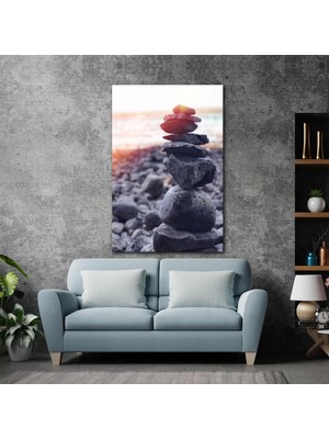 SML Tablo Denge Meditasyon Yoga Sahilde Üst Üste Dengede Duran Taşlar Kanvas Tablo