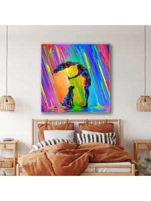 SML Tablo Şemsiyesiyle Köpeği Renkli Yağmur Damlalarından Koruyan Kadın Kanvas Tablo