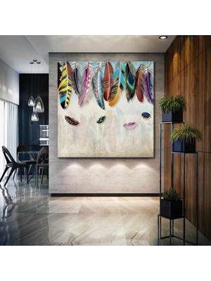 SML Tablo Rengarenk Kuş Tüyleri Art Dekor Kanvas Tablo