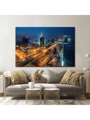 SML Tablo Gece Işıkları Altındaki Şehir Manzarası City Kanvas Tablo