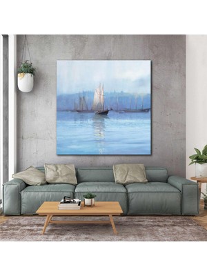 SML Tablo Sahildeki Yelkenli Gemiler Yansıma Doğa Manzara Deniz Kanvas Tablo