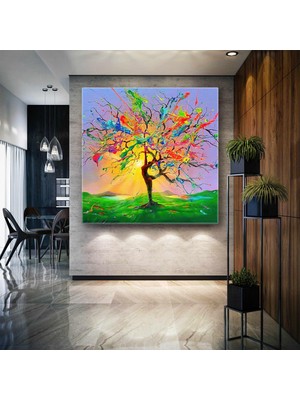 SML Tablo Ağaç Köklerinde Dans Eden Kadın ve Renkli Boya Sıçramalarından Yaprakları Doğa Ana Kanvas Tablo